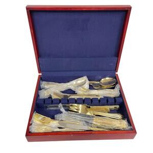 79pc Set Gold Electroplate Ribbed Hampton Flatware With Red Wood Box Case - HLBN